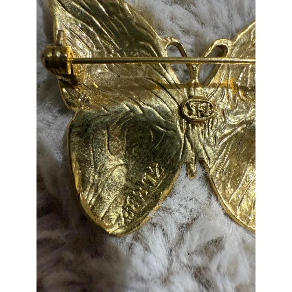Vintage SFJ Signed Gold Tone Enamel Butterfly Brooch Pin‎ Green Blue Wings